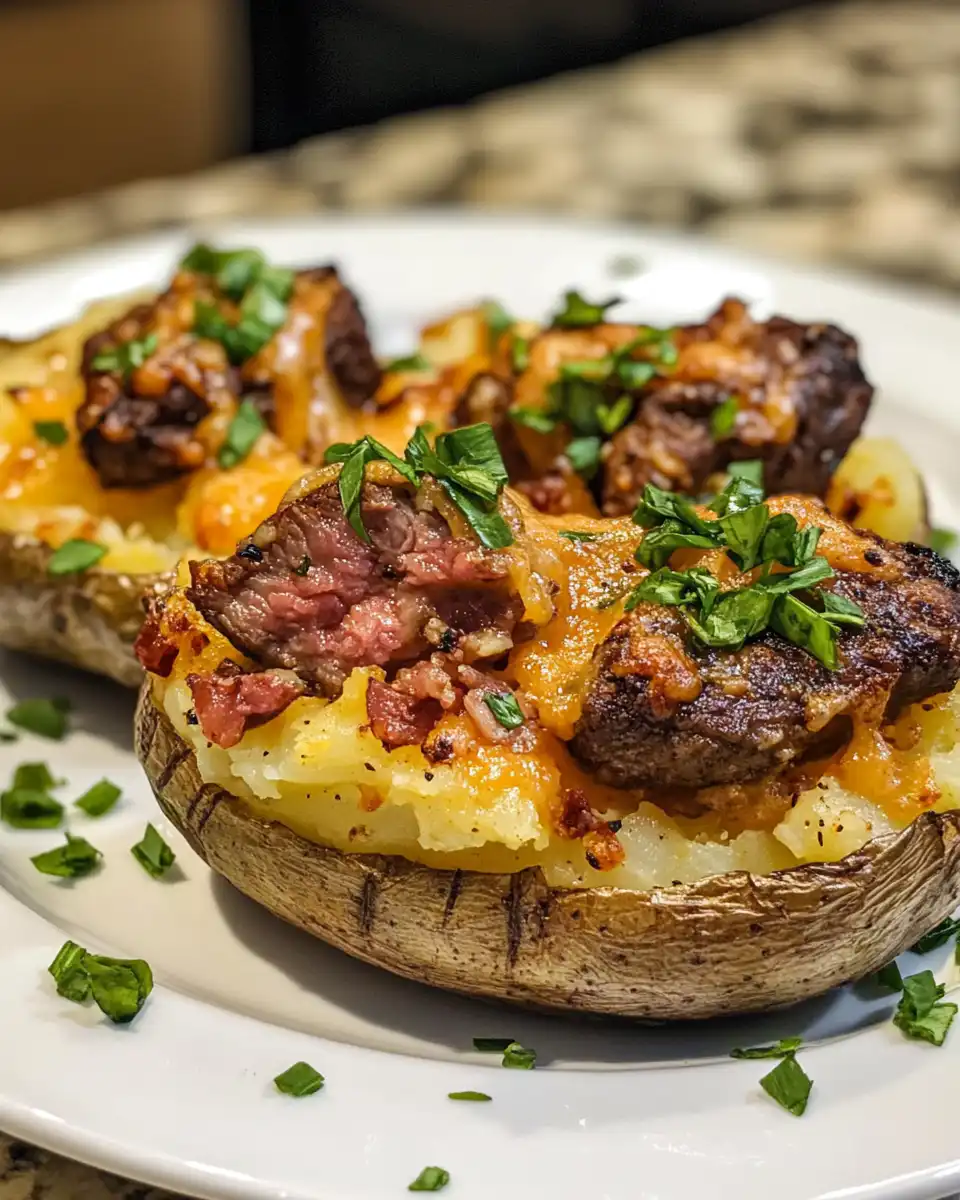 Fresh ingredients laid out for loaded baked potato with steak bites including russet potatoes and spices