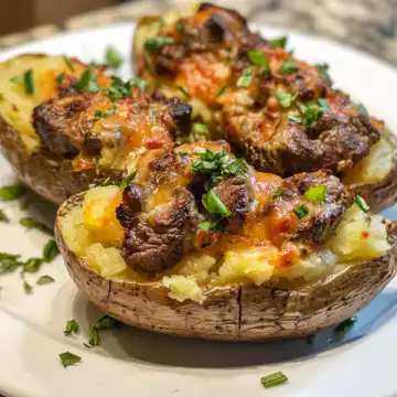 loaded baked potato with steak bites taken with iphone 15 pro max --iw 2 --ar 4:5 --v 6.1 --raw
