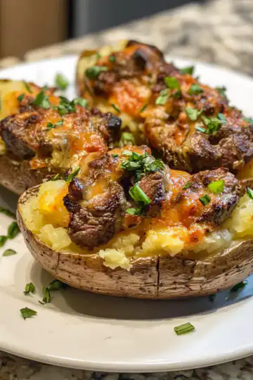 loaded baked potato with steak bites taken with iphone 15 pro max --iw 2 --ar 4:5 --v 6.1 --raw