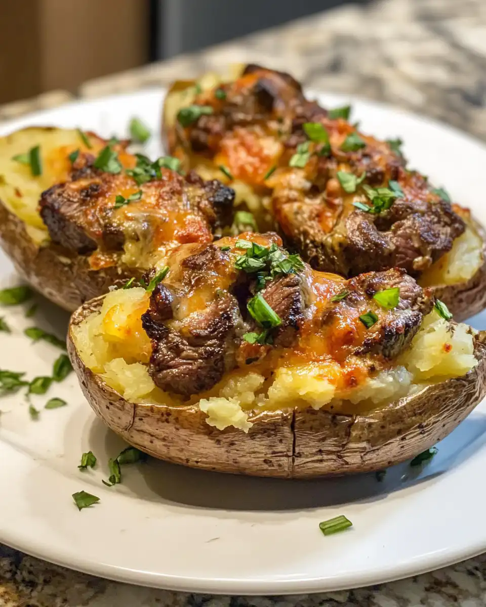 Loaded baked potato with steak bites steaming fresh and ready to eat