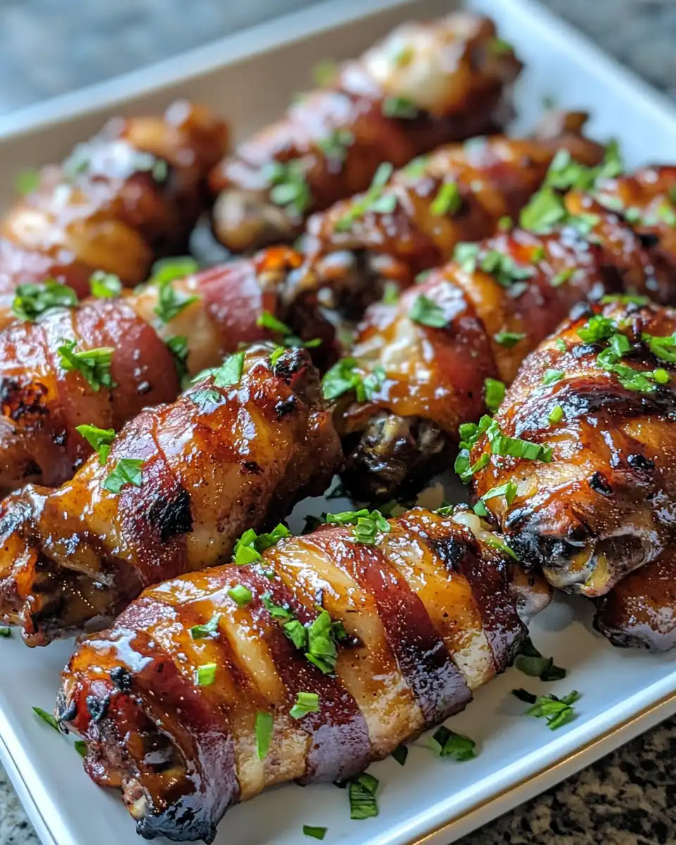 Final serving of maple BBQ bacon wrapped chicken wings plated and ready to eat