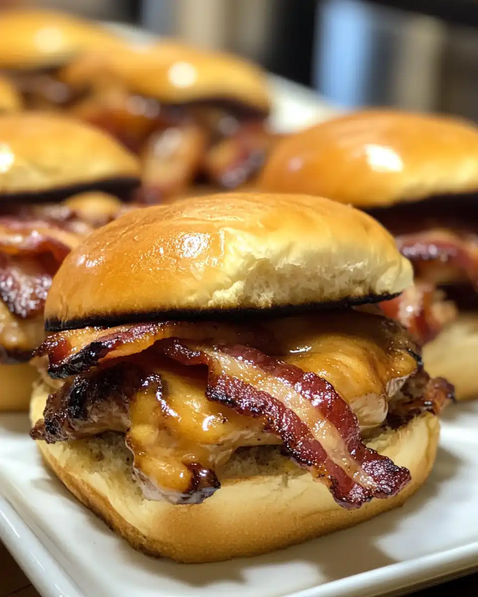 Serving fresh homemade maple chicken bacon sliders plated with melted cheese and crispy bacon