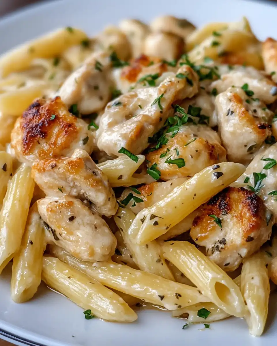 Final serve of Marry Me Chicken Pasta with fresh basil and parmesan cheese