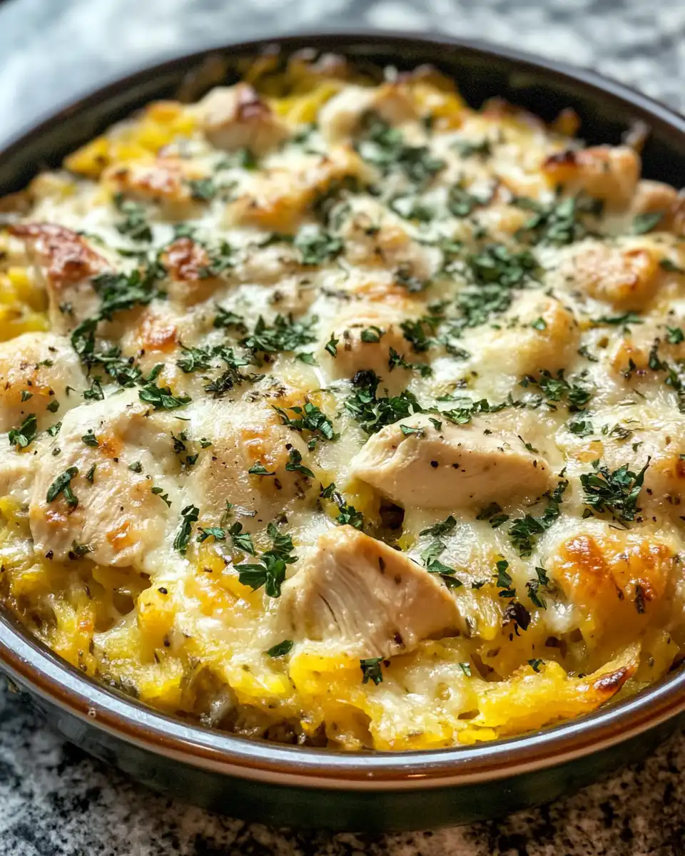 Final plated Marry Me Chicken Spaghetti Squash garnished with fresh basil