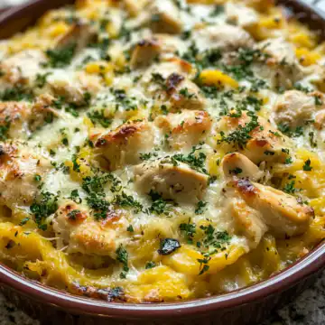 Marry Me Chicken & Spaghetti Squash Casserole taken with iphone 15 pro max --iw 2 --ar 4:5 --v 6.1 --raw