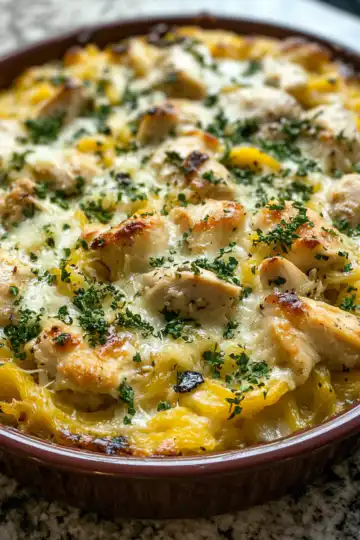 Marry Me Chicken & Spaghetti Squash Casserole taken with iphone 15 pro max --iw 2 --ar 4:5 --v 6.1 --raw