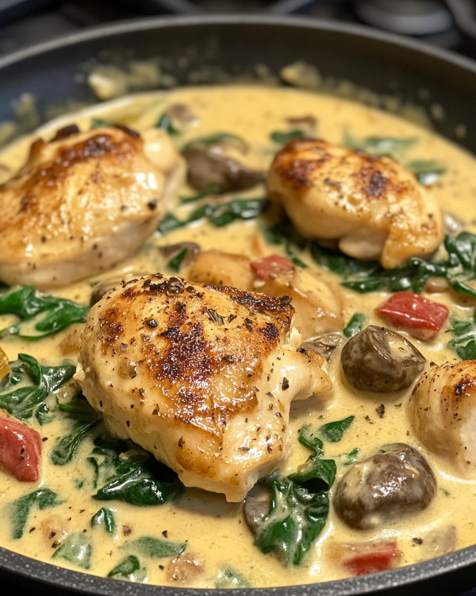 Creamy Tuscan chicken pasta plated and garnished with fresh basil