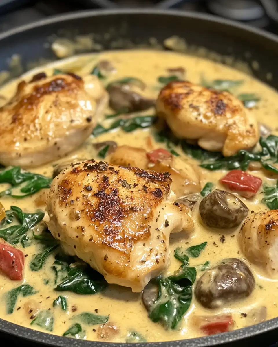 Creamy Tuscan chicken pasta plated and garnished with fresh basil