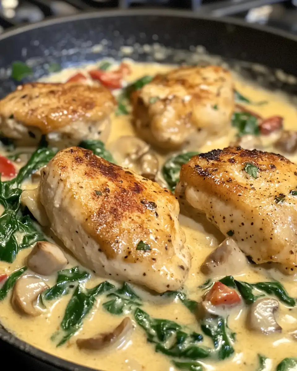 Creamy Tuscan chicken pasta in pot with float valve visible on lid