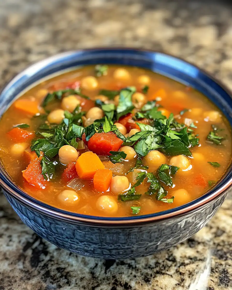 Final plated chickpea stew with fresh spinach and basil