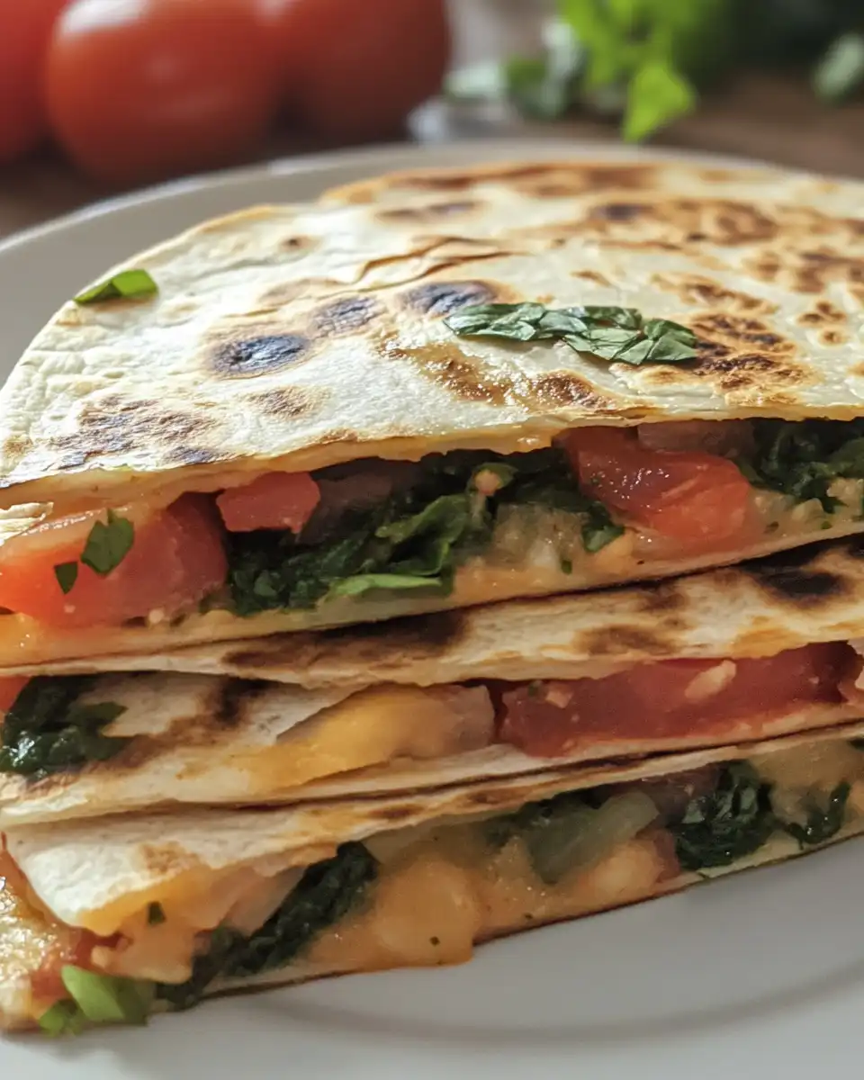 Close up of a cut Mediterranean quesadilla showing layers of melted cheese and sun dried tomatoes