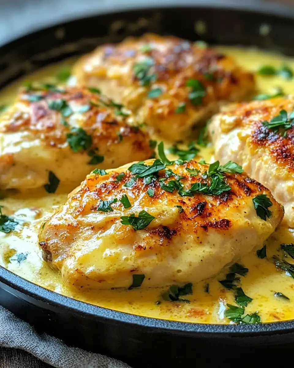 Golden creamy pressure cooker chicken with tender pull texture