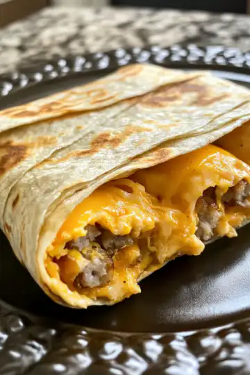 Melted Cheddar Cheesy Sausage Egg Wraps taken with iphone 15 pro max --iw 2 --ar 4:5 --v 6.1 --raw