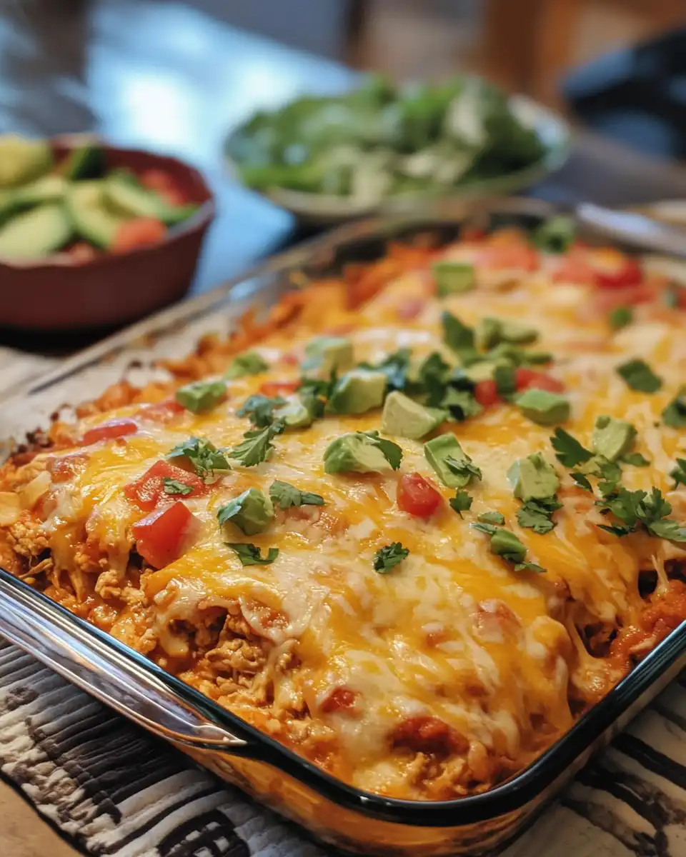 Baked chicken taco casserole bubbling fresh out of the oven