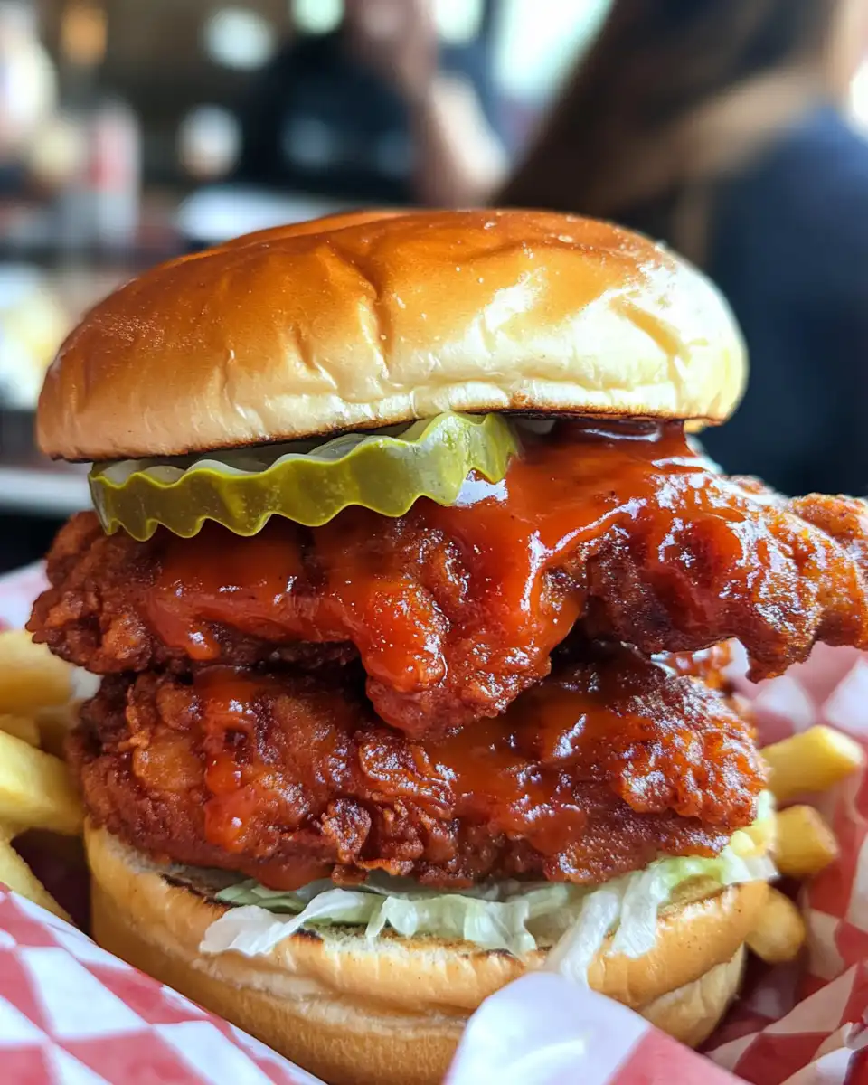 Close up of finished Nashville hot chicken sandwich ready to eat