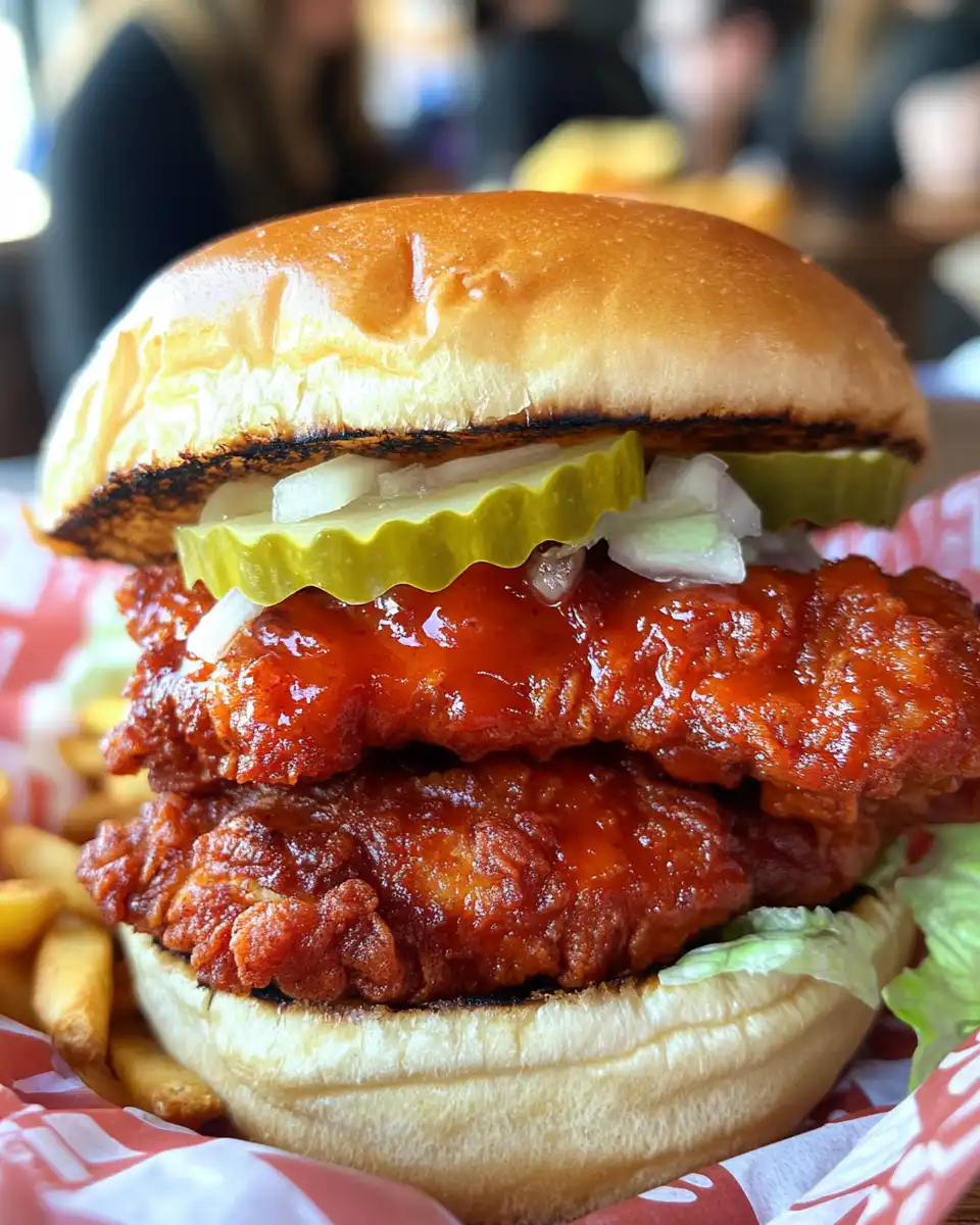 Nashville hot chicken sandwich steaming hot, fresh and crispy