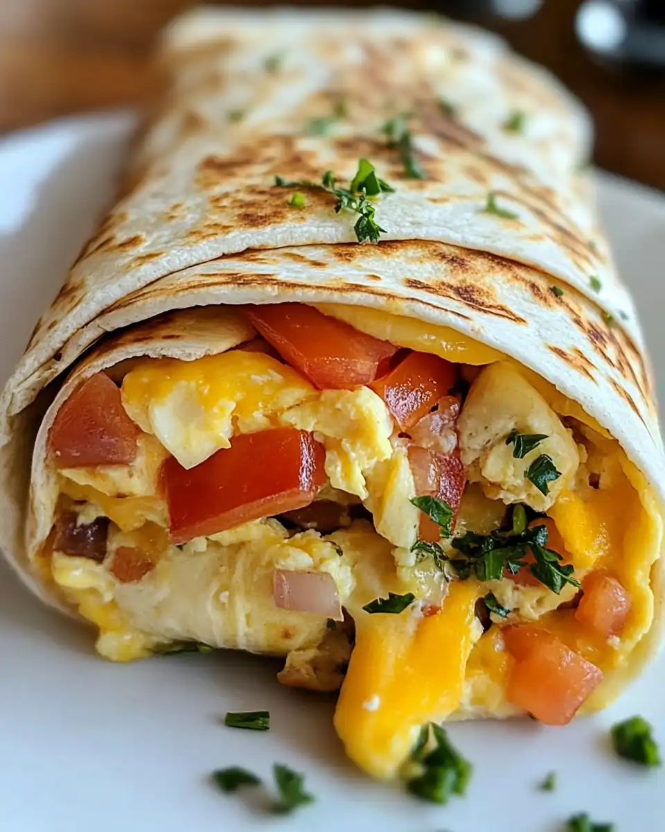 Ingredients for tortilla wrapped omelet including eggs, cheese, and toppings