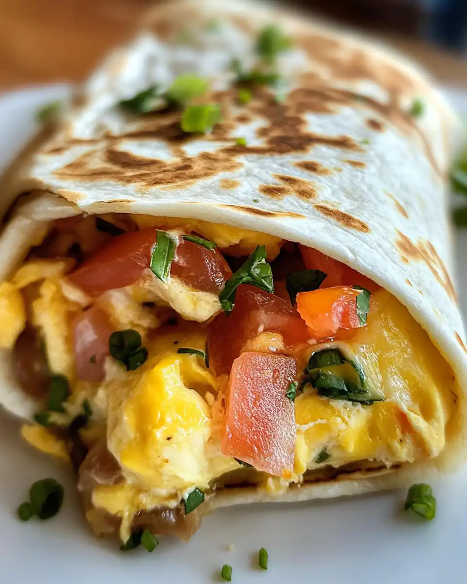 Final plated tortilla wrapped omelet with toppings and cheese melted inside