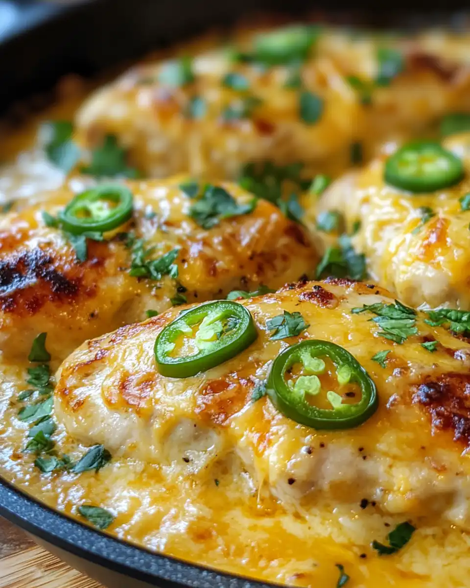 Served cheesy jalapeño chicken with garnishes on plate