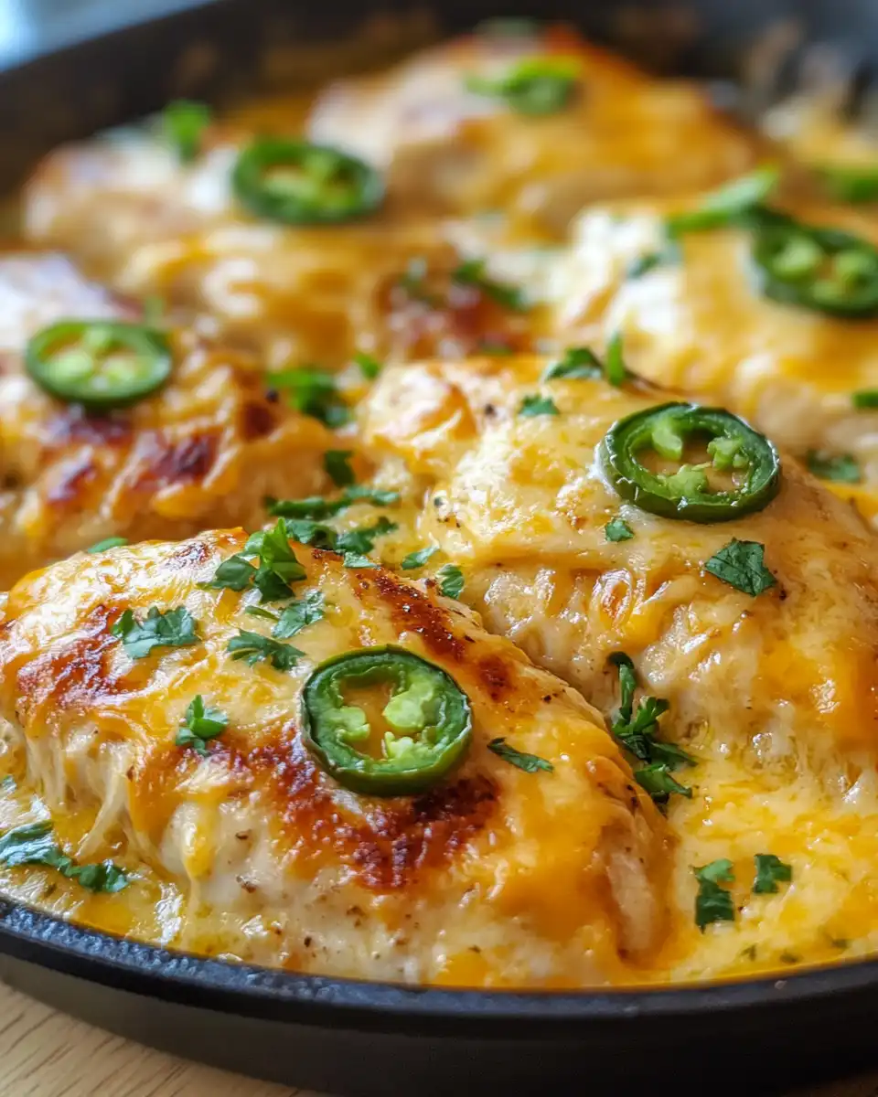Cheesy jalapeño chicken cooking in skillet with spices