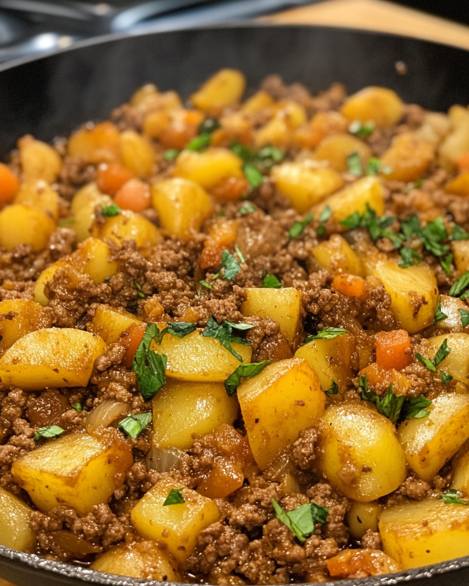 Fresh ingredients including potatoes, ground beef, onions, and bell pepper for skillet dinner