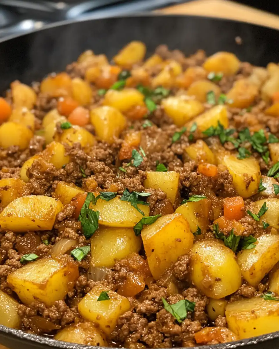 Fresh ingredients including potatoes, ground beef, onions, and bell pepper for skillet dinner
