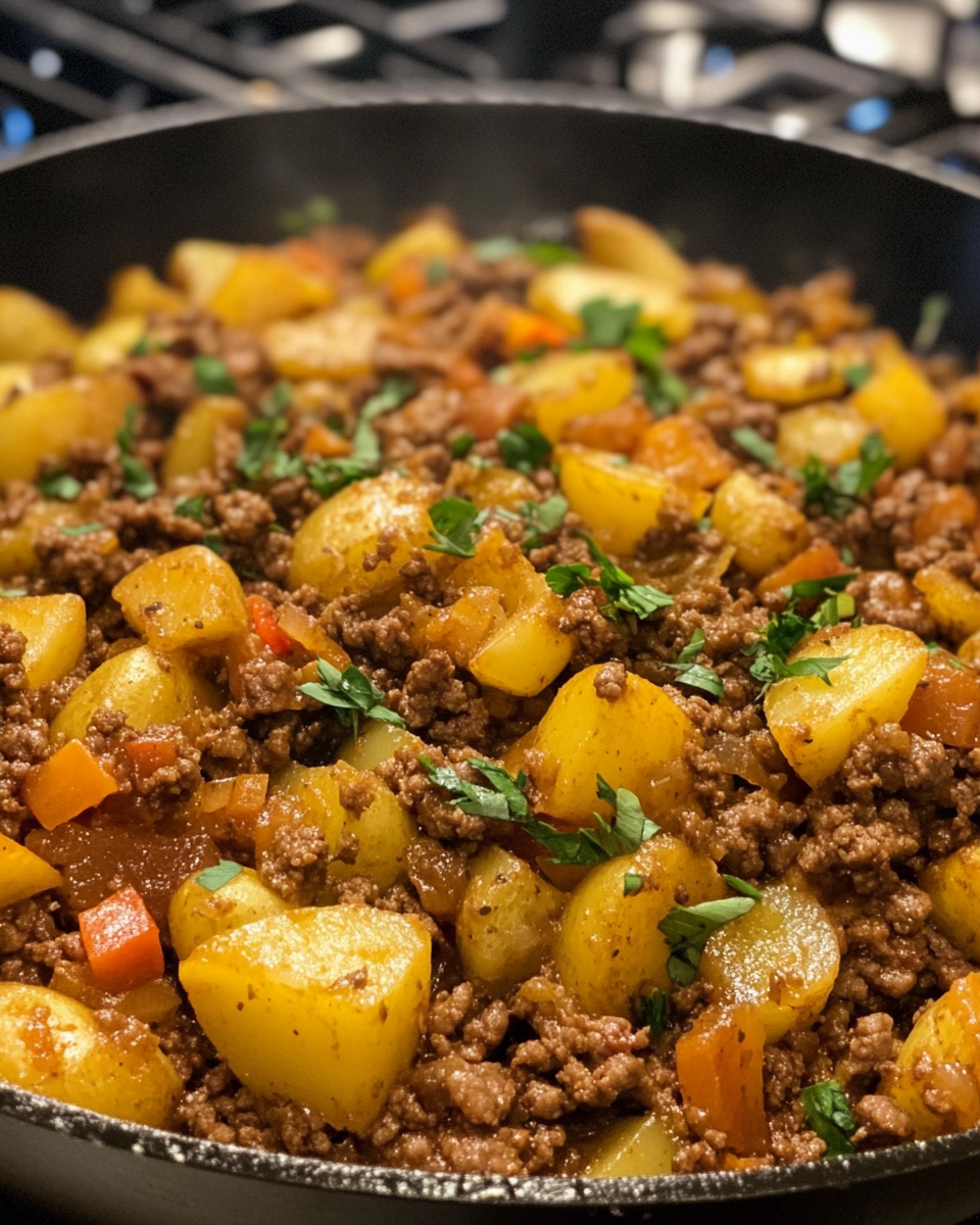 Finished one skillet ground beef and potatoes served hot with melted cheddar