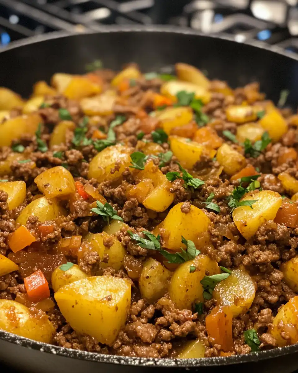 Finished one skillet ground beef and potatoes served hot with melted cheddar