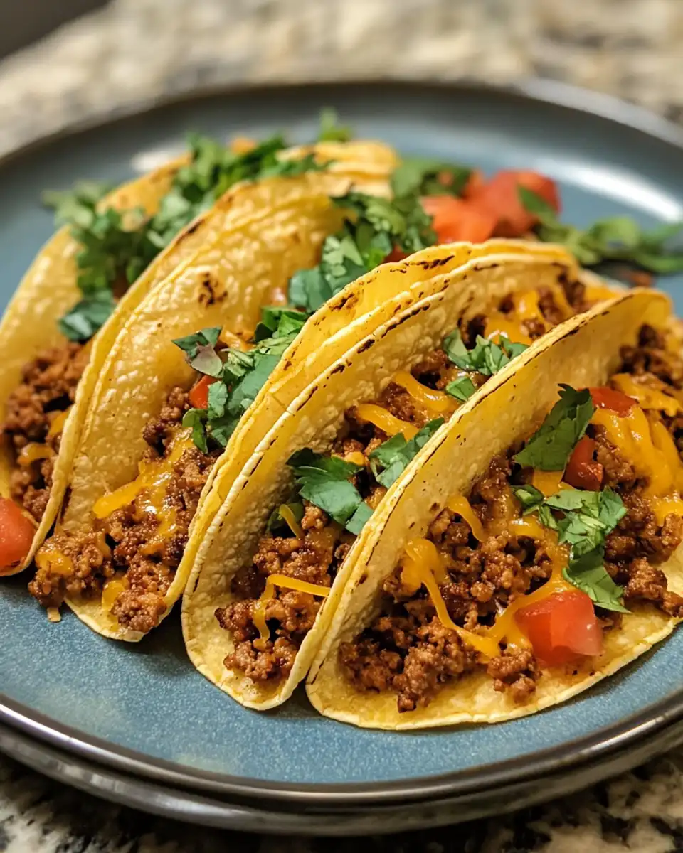 Golden baked cheesy beef tacos finished with fresh toppings and ready to serve