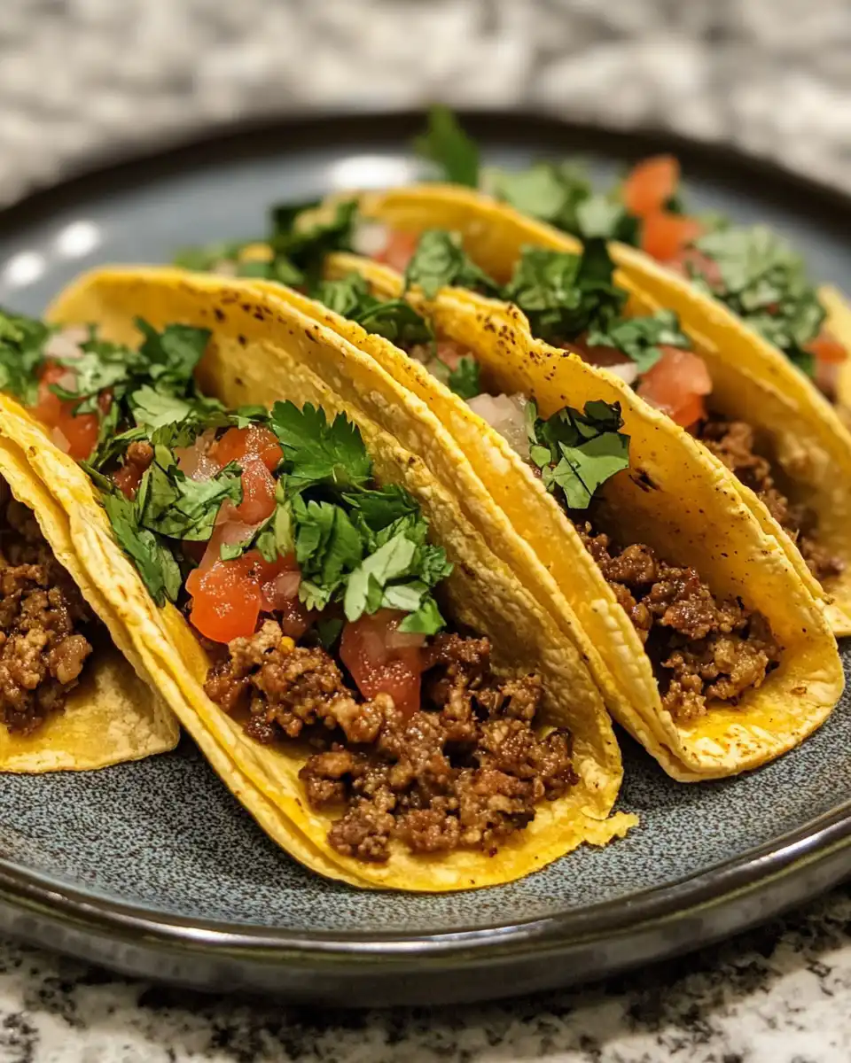 Oven baked beef tacos fresh from the oven with melted cheese and toppings