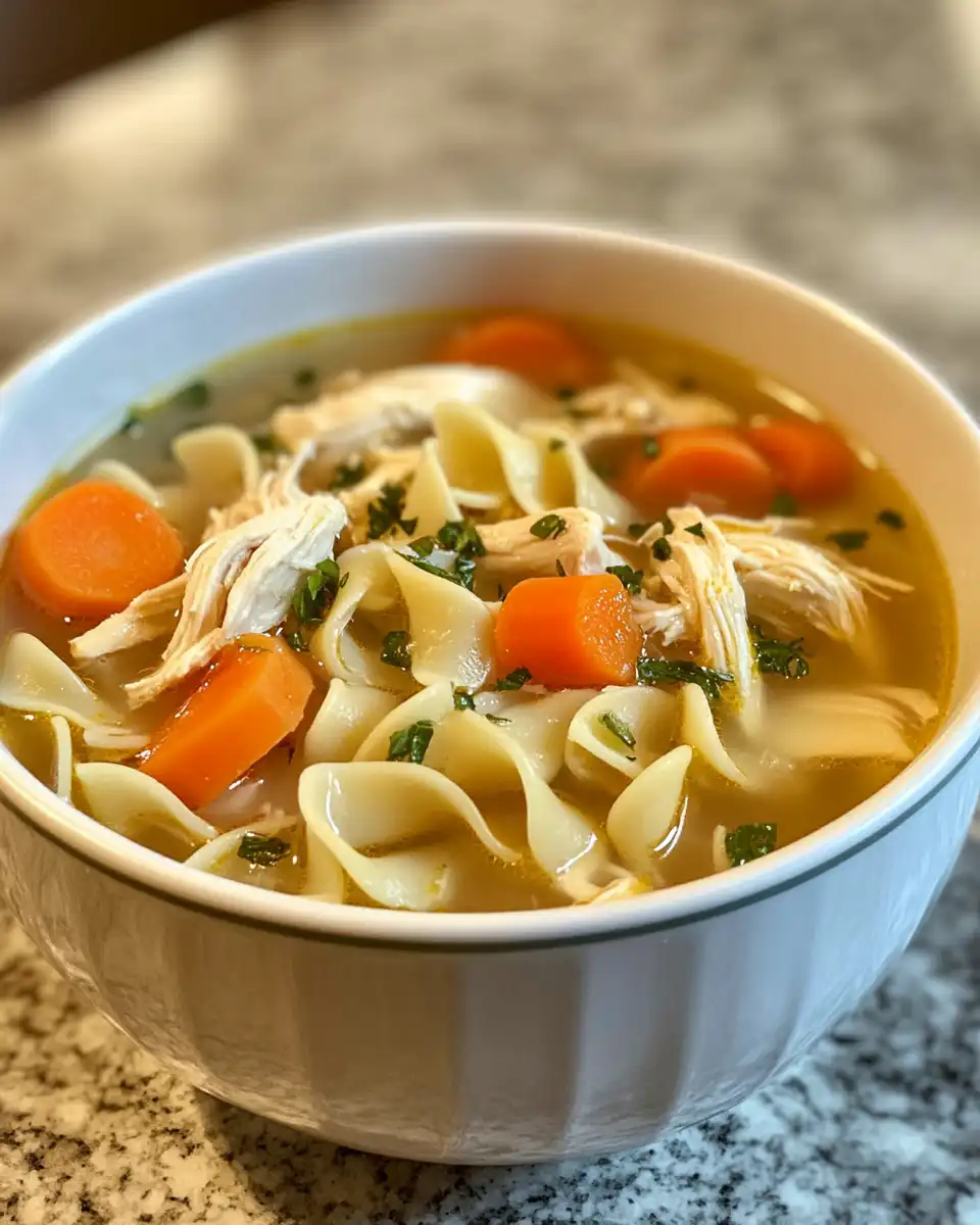 Ingredients for chicken noodle soup including noodles, vegetables, and spices arranged
