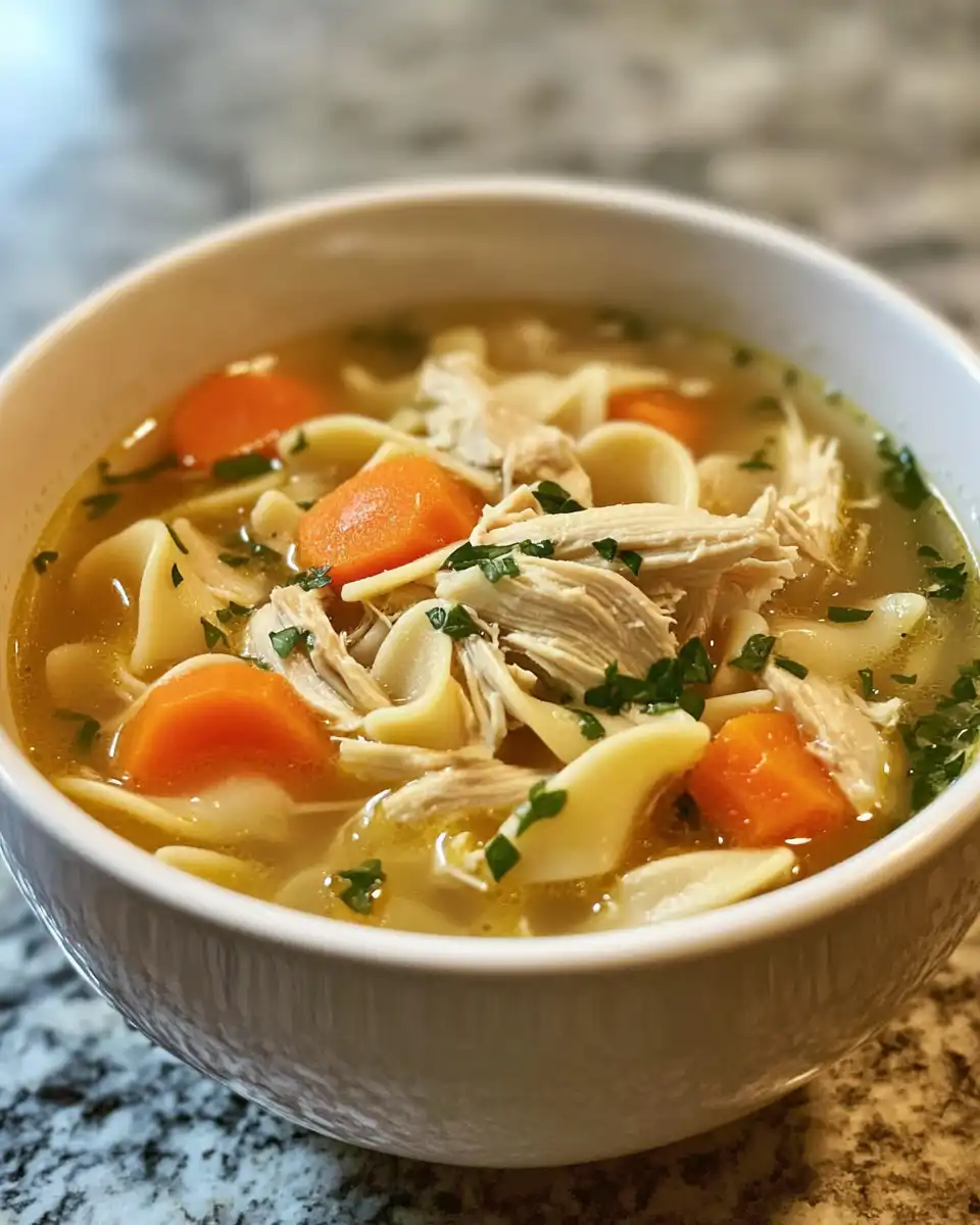Bowl of finished chicken noodle soup with garnish ready to serve