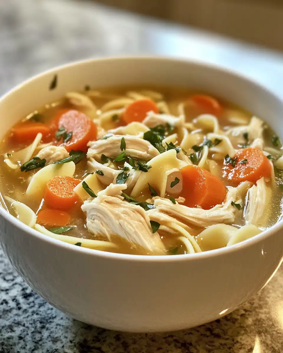 Steaming homestyle chicken noodle soup in pressure cooker with vegetables