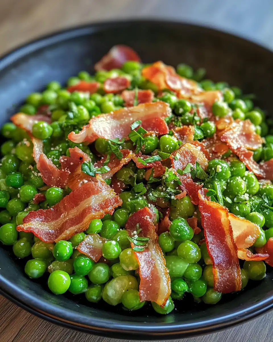 Ingredients for pea and bacon salad including peas, bacon, cheese, and onion
