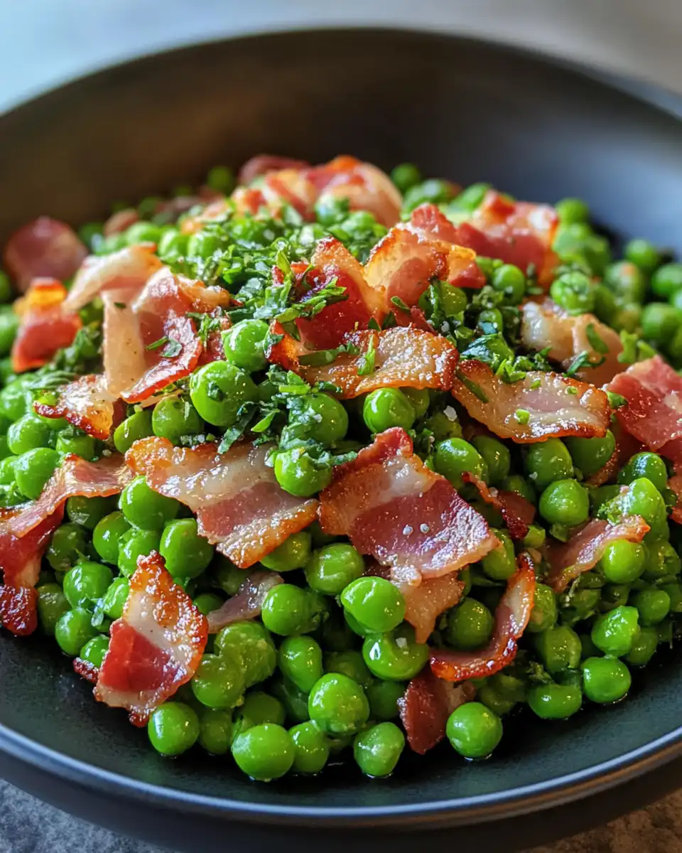 Chilled creamy pea and bacon salad plated and ready to serve