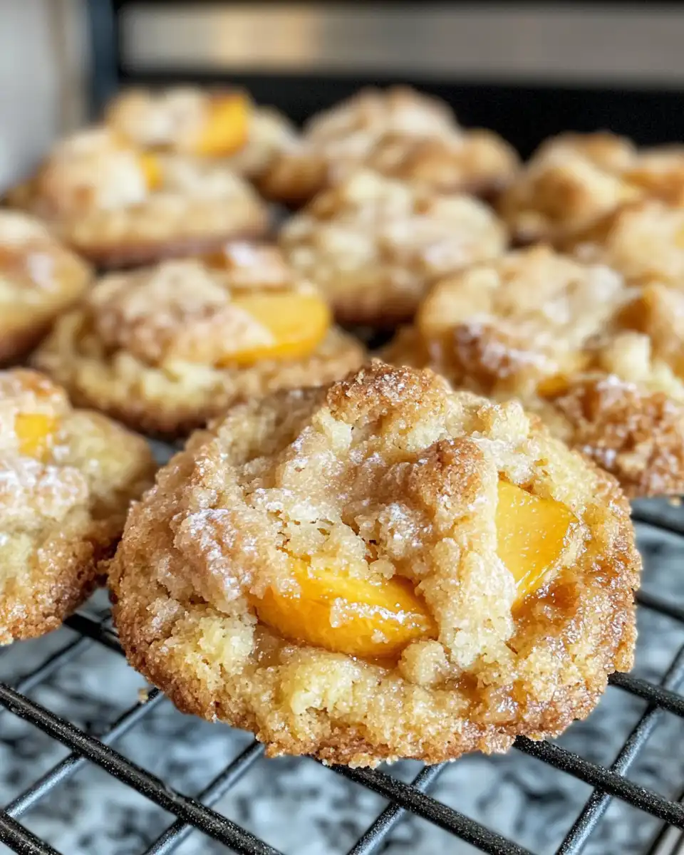 Ingredients spread out for peach cobbler cookies including peaches, sugars, spices, and flour