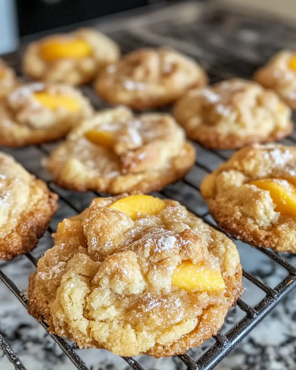Baking peach cobbler cookies golden on parchment lined tray