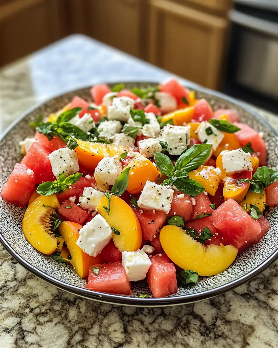 Ingredients for pressure cooker watermelon peach salad with feta and arugula
