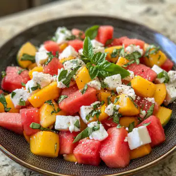 peach watermelon salad taken with iphone 15 pro max --iw 2 --ar 4:5 --v 6.1 --raw