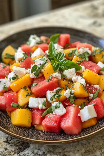 peach watermelon salad taken with iphone 15 pro max --iw 2 --ar 4:5 --v 6.1 --raw