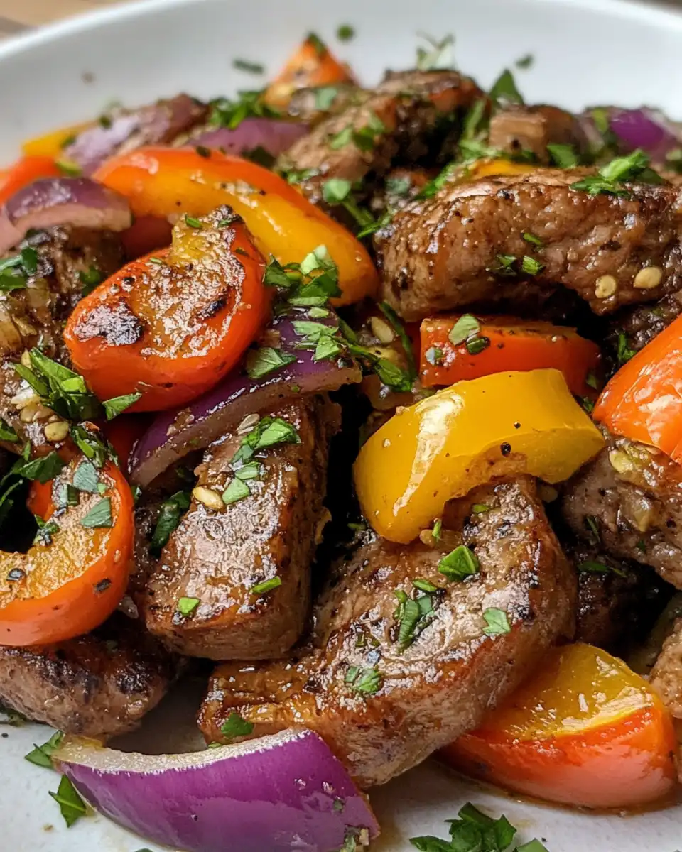 Finished pressure cooker steak with peppers and onions served and ready to eat