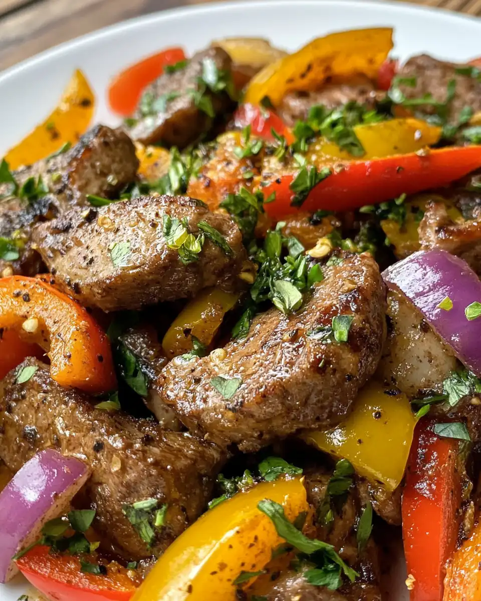 Pressure cooker with steak, bell peppers, and onions cooking
