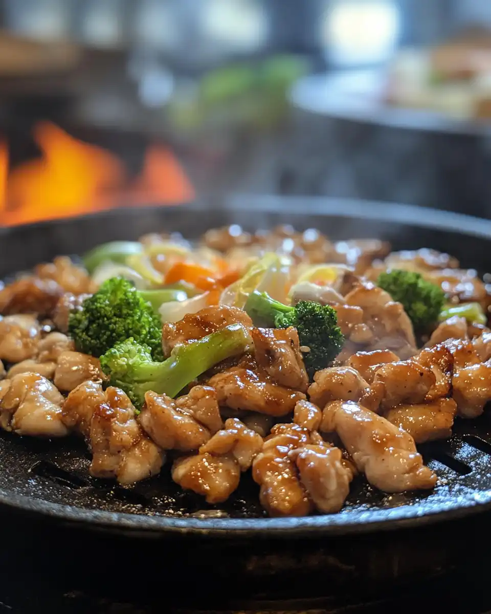 Steam rising from freshly cooked hibachi chicken in a pressure cooker