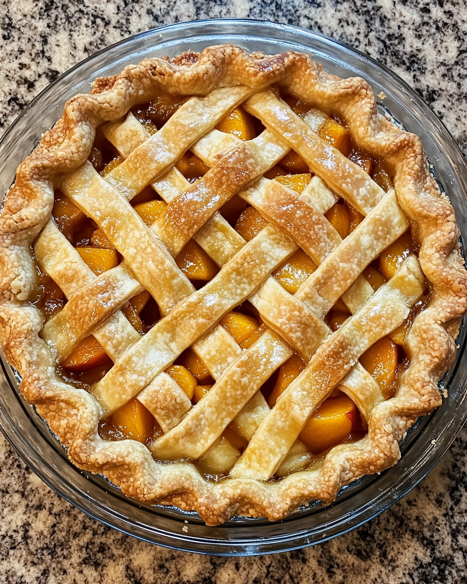 Ingredients for peach pie including fresh peaches, pie dough, sugar, and whiskey