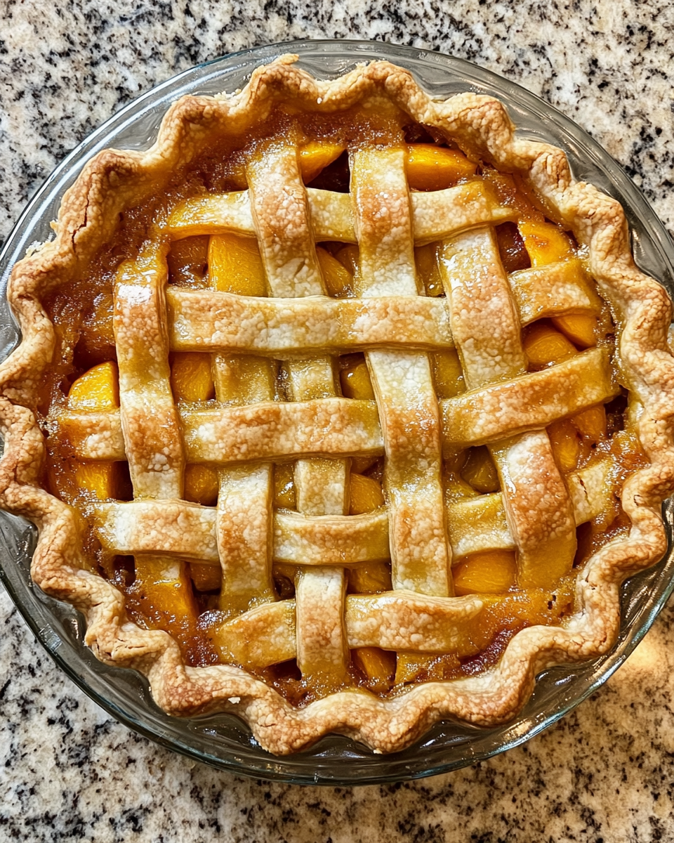 Freshly baked golden peach pie with lattice crust and juicy filling