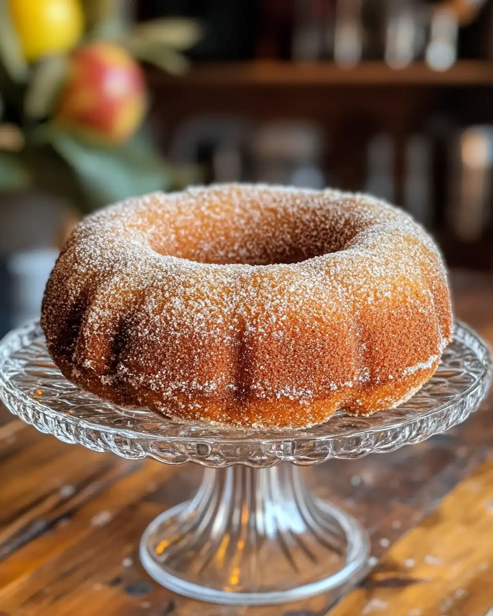 Sliced apple cider donut cake ready to serve with cinnamon sugar topping