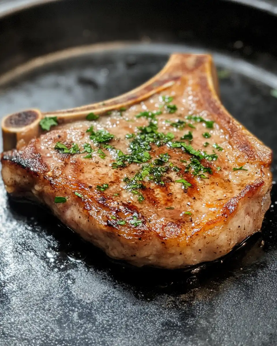 Final plated pork chop supreme served with browned potatoes