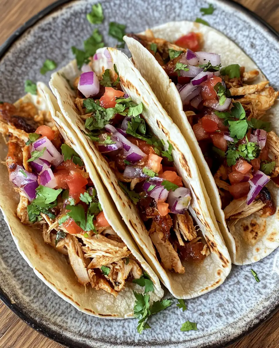 Final served pulled chicken tacos with avocado and Greek yogurt