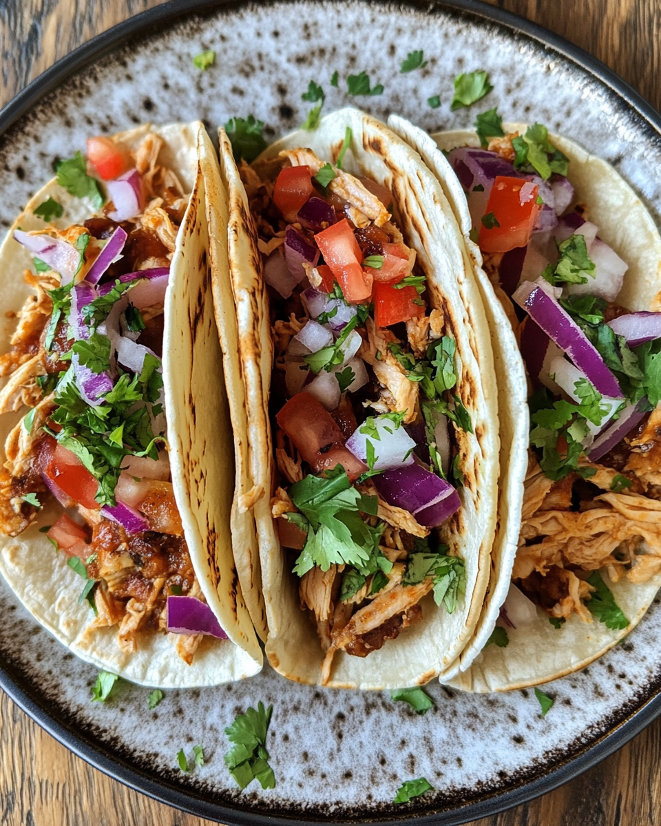 Pulled chicken tacos fresh out of the pressure cooker ready to serve