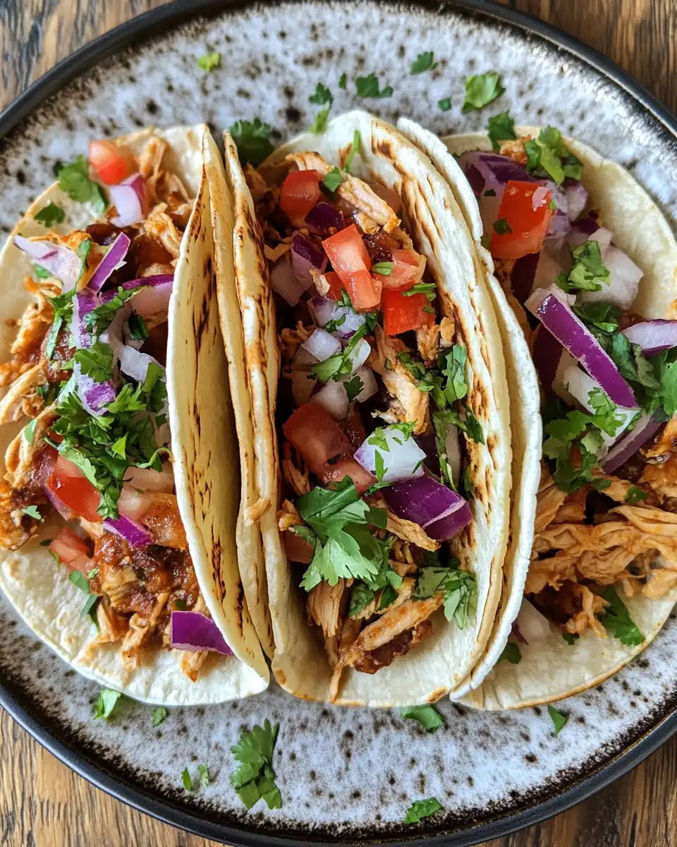 Pulled chicken tacos fresh out of the pressure cooker ready to serve